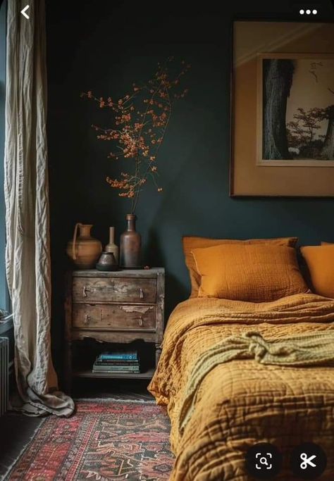 Rug Earth Tones, Dark Green Bedroom Aesthetic Ideas, Terra Cotta And Teal Bedroom, Best Colors For Dark Rooms, Earth Tone Apartment Aesthetic, Reclaimed Wood Furniture Bedroom, Teal And Terracotta Bedroom, Dark Green And Terracotta Bedroom, Earth Tone Bedroom Colors