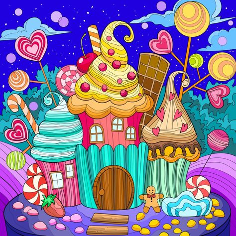 Magical Landscape, Coloring Contest, Easy Cartoon Drawings, Childhood Dreams, Candy Art, Simple Cartoon, Cute Doodles Drawings, Clay Art Projects, Coloring Book Art