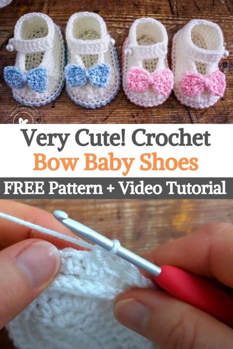 These little crochet baby shoes are too cute to handle! If you need a quick, last minute baby shower gift, these super cute booties would make an ideal gift! They are great stock destroyers, really quick to work with and very easy to design too. The creator decided to make and attach a crochet bow to her baby shoes. However, they would look just as adorable with a little flower sewn on too! You can also have fun making these booties in different colors if you're not a big fan of... Crochet Baby Shoes Tutorial, Crochet Baby Shoes Free Pattern, Shoes Tutorial, Baby Shoes Tutorial, Crochet Baby Jacket, Shoes Crochet, Crochet Baby Booties Pattern, Crochet Shoes Pattern, Crocheting Patterns