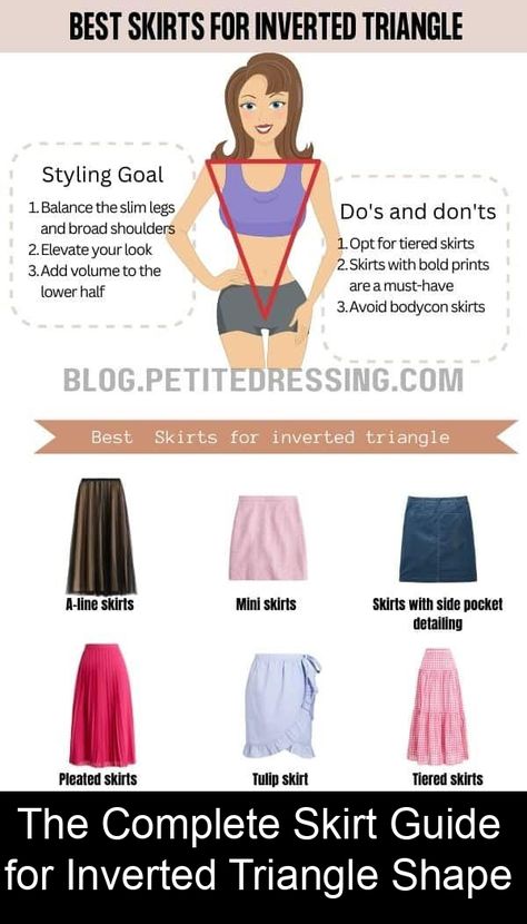 The Complete Skirt Guide for Inverted Triangle Shape Feminine Inverted Triangle Outfits, Inverted Triangle One Piece Swimsuit, Shorts For Inverted Triangle Body Shape, Inverted Triangle Summer Outfits, Shapes In Fashion, Skirt Guide, Triangle Outfits, Inverted Triangle Body Shape Fashion, Inverted Triangle Body Shape Outfits