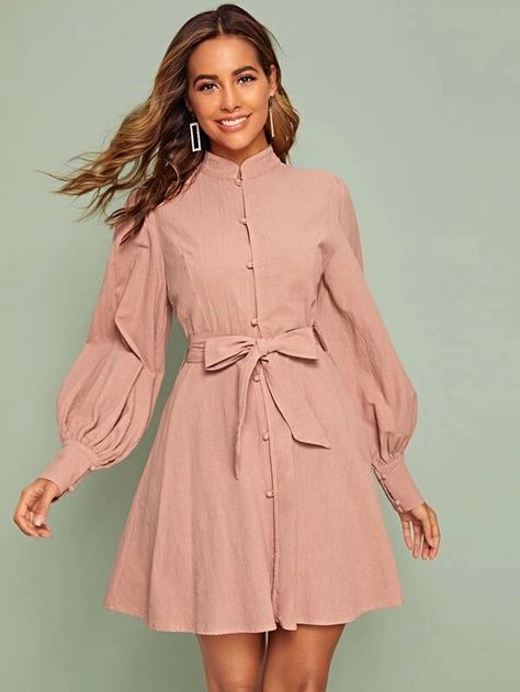 Bishop Sleeve Covered Button Belted Shirt Dress | SHEIN USA Bishop Sleeve Dress, Stand Collar Dress, Halter Backless Dress, Sequin Cami Dress, Dresses Shein, Striped Tunic Dress, Backless Bodycon Dresses, Pink Mini Dress, Knitted Bodycon Dress