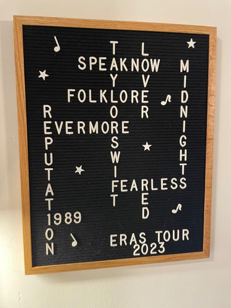 Letterboard with crossword of Taylor Swift Eras Tour Taylor Swift Letterboard, Taylor Swift Sign Ideas, Taylor Swift Letter Board Ideas, Letter Board Taylor Swift, Taylor Swift Room Decor Ideas Diy, Taylor Swift Themed Classroom, Taylor Swift Letter Board Quotes, Taylor Swift Letter Board, Taylor Swift Classroom Theme