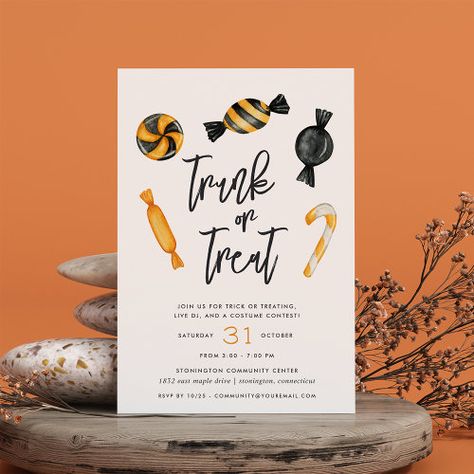 $2.92 | Classic Candy Trunk or Treat Halloween Party | Halloween Kids Invitations | trick or treat, trick or treating event, neighborhood trick or treating, watercolor, wrapped candy, cute candy, trunk or treat, kids halloween party invitations, community halloween party, church or school event Candy Trunk Or Treat, Community Halloween Party, Unique Halloween Party Ideas, Trunk Or Treat Halloween, Scary Halloween Invitations, Kids Halloween Party Invitations, Community Halloween, Kids Halloween Party, Classic Candy