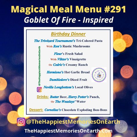 Harry Potter Goblet Of Fire Dinner, Family Movie Night Themes, Disney Movie Night Menu, Disney Movie Night Food, Movie Dinner, Pixar Studios, Disney Movie Night Dinner, Harry Potter Movie Night, Movie Night Dinner