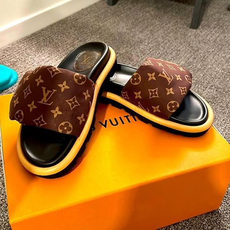 LV pillow pool slide Pool Slide, Louis Vuitton Shoes, Pool Slides, Sliders, Sunglasses Case, Slippers, Louis Vuitton, Pool, Sunglasses