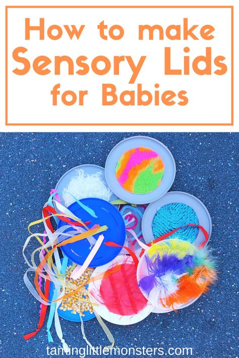 Make tummy time 100 times easier with this simple hack. Learn how to make your own sensory lids and give your baby an educational toy to play with while they practice getting stronger.  #sensory #baby #DIY #tummytime Ece Activities, Natural Learning, Preschool Sensory, Diy Sensory, Early Childhood Activities, Sensory Wall, Infant Room, Sensory Bags, Diy Educational Toys