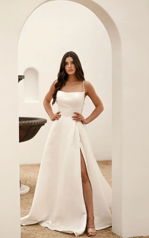 Sleek grand satin exudes the luxurious feel and design of this contemporary A-line wedding dress. A Line Wedding Dress Elegant, Straight Neckline Wedding Dress, Satin A Line Wedding Dress, Stella York Style, Straps Wedding Dress, Stella York Bridal, Wedding Fits, 2024 Inspiration, Stella York Wedding Dress