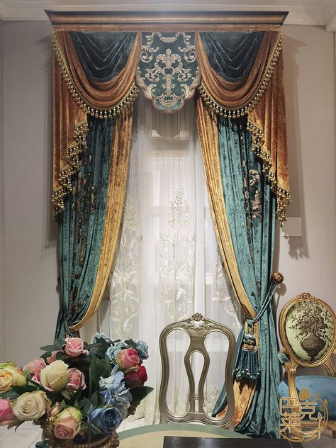 Elegant Kitchen Curtain Ideas, Baroque Style Interior, Jewel Tone Dining Room, Classic Curtains French, Rococo Curtains, Mansion Decoration, Prince Bedroom, Minimalist Blinds, Victorian Window Treatments