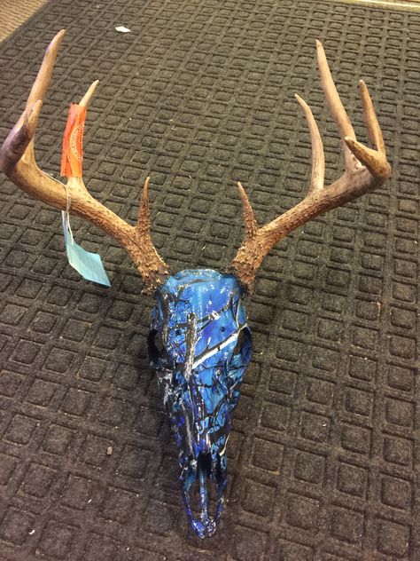 Check out this blue camo dipped skull from OZ Aqua Transfers; that's pretty neat looking! Thinking this is a must 💙 Dipped Deer Skull, European Mount Ideas, Deer Antler Ideas, Deer Mount Ideas, Deer Skull Mount, Hunting Ideas, Antler Ideas, European Mount, Hunting Stuff