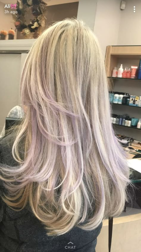 Blonde Hair Violet Highlights, Blonde Hair And Colored Highlights, Light Lavender Highlights, Light Purple Hair With Blonde, Long Blonde Hair With Peekaboos, Blonde Hair With Purple Balayage, Blonde And Hair Lavender, Blond Lavender Hair, Platinum Blonde Hair Purple Tint