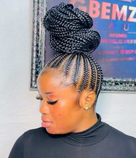 Stitch Braids with High Bun on Long Black Hair Feed In Braids Ponytail, Stitch Braid, Cornrows Braids For Black Women, Feed In Braids Hairstyles, Goddess Braids Hairstyles, Braided Cornrow Hairstyles, Braids Hairstyles Pictures, Stitch Braids, Cute Box Braids Hairstyles