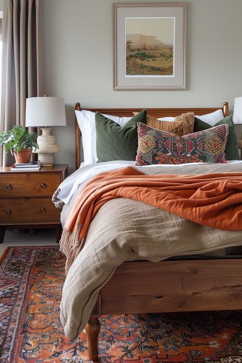 Anthro Home Style, Bedroom Bedding Inspirations, California Casual Interior Design Bedroom, Long Master Bed Layout, Bold Bedding Ideas, Guest Bedroom Ideas Cozy Modern Relaxing, Bedroom Inspirations Colourful, Modern Cowboy Bedroom, Cozy Mid Century Bedroom