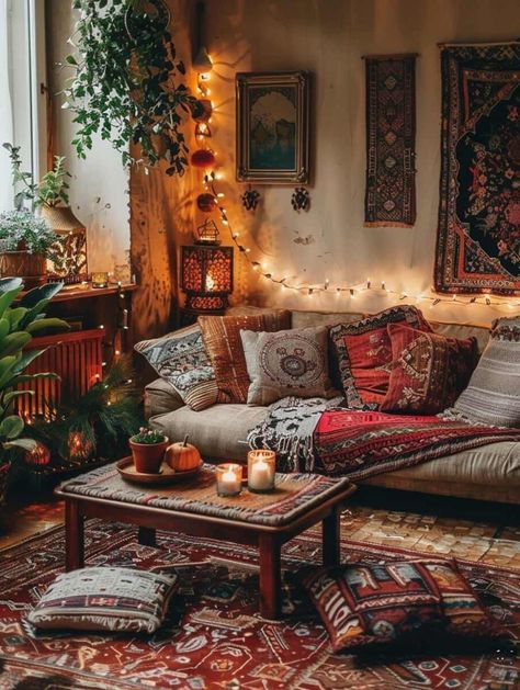 Small Bohemian Living Room, Cottage Core Living Room, Hippie Living Room, Bohemian Living Room Ideas, Boho Style Room, Cozy Boho Living Room, Retro Dining Rooms, Cottagecore Living, Bohemian Living Rooms