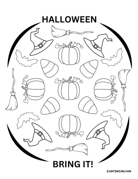 Use mandalas as a mindful coping skill to increase calm and focus.  This Halloween mandala includes: pumpkins, witch's hats, candy corn, witch's brooms, and bats.  Color you way to peace. Thanksgiving Bulletin Boards, Friendship Skills, Perspective Taking, Witch Broom, Mandala Coloring Pages, Autumn Activities, Coping Skills, Mandala Coloring, Witch Hat