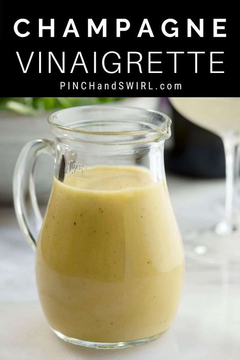 The easiest recipe for homemade Champagne Vinaigrette! One of those salad dressing recipes you'll learn by heart! A healthy way to top all kinds of green salads! Accentuates the flavors of citrus and strawberry salads too. Champagne Vinaigrette Dressing, Homemade Champagne, Strawberry Salads, Champagne Dressing, Vinaigrette Dressing Recipe, Champagne Vinaigrette, Green Salads, Vinaigrette Salad, Champagne Vinegar