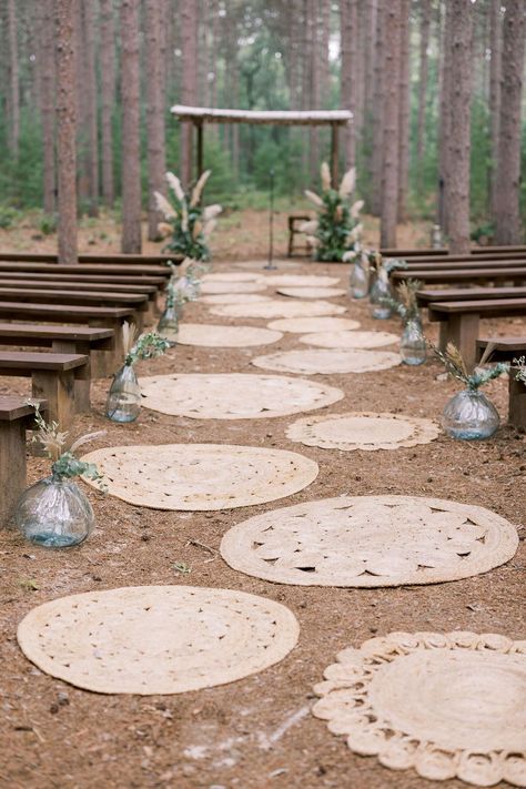 Wedding In Pine Trees, Black River Falls Wisconsin, Pine Tree Wedding, Wheat Wedding, Tree Grove, Summer Shandy, Ceremony Aisle, Boho Rugs, Midwest Wedding