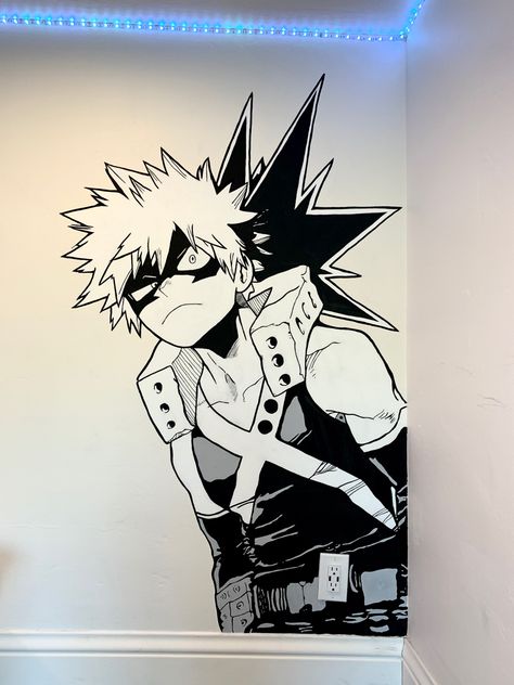 Items used; posca paint pen and acrylic paint Anime Accent Wall, Anime Wall Decor Ideas, Anime Wall Painting Ideas, Anime Wall Room, Room Inspo Tiktok, Anime Wall Painting, Wall Drawing Bedroom, Anime Bedroom Ideas, Lucas Arts