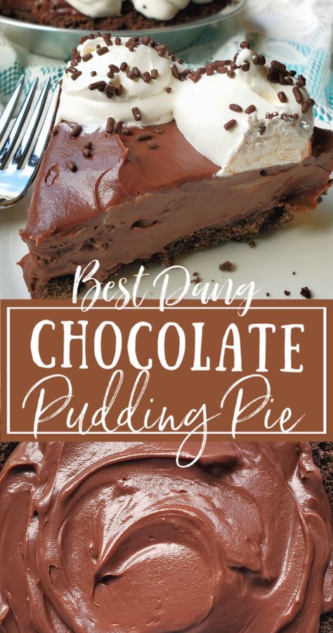 Chocolate Pudding Pie: Super creamy & delicious chocolate pudding pie filling topped with loads of whipped cream in your favorite chocolate or graham crust! It's seriously the best damn pudding, and easily made gluten free! Baked Chocolate Pudding, Chocolate Pudding Pie, Pudding Pie Filling, Chocolate Pie With Pudding, Pudding Pie, Chocolate Pie Recipes, Pudding Pies, Chocolate Cream Pie, Bake Recipes