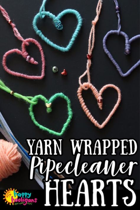 These yarn-wrapped pipe cleaner hearts are fun and easy to make as a Valentines craft or any day of the year. Hang them individually or string them into a mobile. Great fine-motor craft for tweens and teens. #HappyHooligans #Yarn #Crafts #Heart #Craft #Valentines #Ornaments #CraftsForTweens #CraftsForTeens #PipeCleaner #Hearts #CampCraft Valentine’s Day Ornaments Diy, Valentines Day Crafts For Older Kids, February Craft Ideas, Preschool Diversity, Pipe Cleaner Heart, Valentines Ornaments, Yarn Crafts For Kids, Easy Crafts For Teens, Easy Yarn Crafts