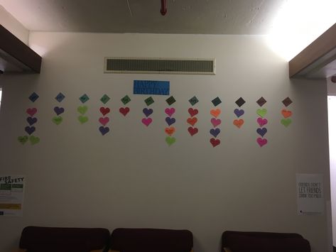 Residents wrote their name & birthday on colorful hearts. I used paint chips for each of the months #RA #residentadvisor #reslife #passive #passiveprogram #birthday #birthdaywall #dorm #college #freshmen Passive Programs, Res Life, Birthday Wall, Colorful Hearts, Paint Chips, Colorful Heart, Happy Birthday, Chips, Home Decor Decals