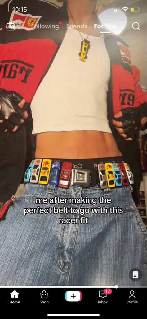 Hot Wheels Outfit, Race Car Belt Outfit, Funky Belt Outfit, Belt Diy, Y2k Belt Skirt, Car Belt, Hot Wheels Aesthetic, Kandi Belt Chain Tutorial, Diy Belt