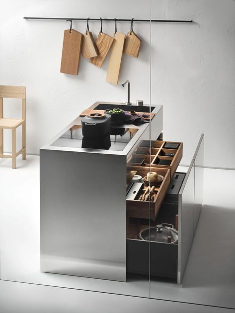 Small Living Kitchens – islands by Falper | Dezeen Showroom Minimal Kitchen Island, Large Luxury Kitchen, Modern Minimal Kitchen, Steel Kitchen Island, Kitchens Islands, Stainless Steel Kitchen Island, Small Kitchen Island, Minimal Kitchen, Stainless Kitchen