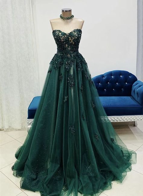 Green Tulle with Lace Applique Sweetheart Long Formal Dress Formal Dress Green, Green Evening Gowns, Prom Dress Inspo, Green Tulle, Long Formal Dress, Floor Length Prom Dresses, Prom Dress Inspiration, Cute Prom Dresses, Pretty Prom Dresses