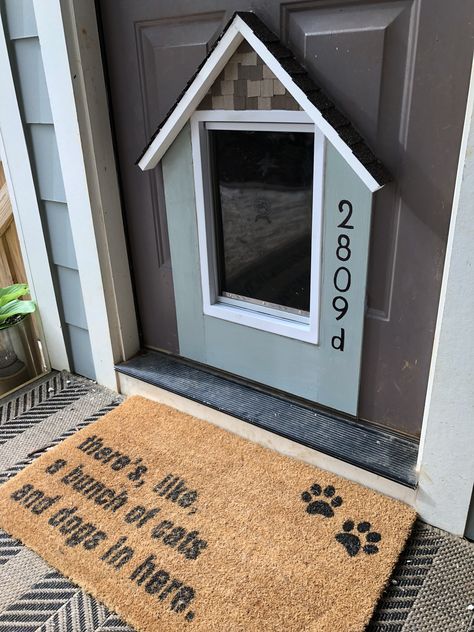 Pet Friendly Front Door, Dog Door Decor, Doggie Door Awning, Creative Dog Door Ideas, Dog Door In Window, Doggy Door Ideas Large Dogs, Diy Dog Door In Wall, Doggie Door Ideas Large Dogs, Dog Door In Door