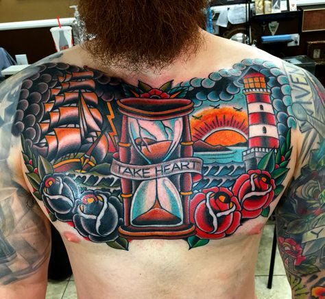 America Traditional Tattoo, Traditional Tattoo Men, Neo Traditional Chest Tattoo, Classic Style Tattoo, American Classic Tattoo, Traditional Chest Tattoo, Traditional Tattoo Man, Full Chest Tattoos, Traditional Chest