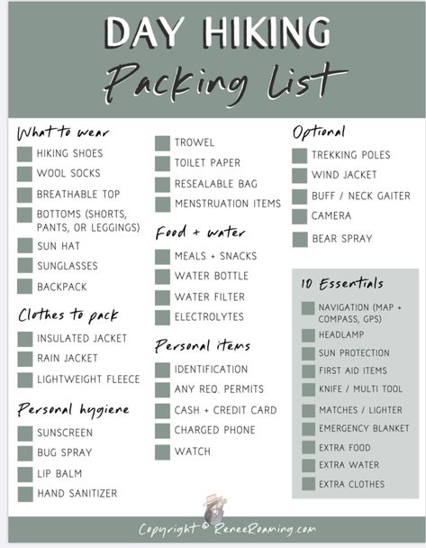 Day Trip Essentials Packing Lists, Packing List For Vacation Mountains, Packing List For The Mountains, Day Hike Checklist, Hiking Needs List, Colorado Hiking Packing List, Packing For Mountain Trip, Hiking Trip Packing List Summer, What To Pack For Hiking Day Trip