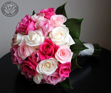 Roses in cerise, dusty pink and white Pink Roses Bouquet, Pink And White Flower Bouquet Prom, Light Pink Flower Bouquet Prom, Different Shades Of Pink Bouquet, Hot Pink And White Bouquet, White And Dark Pink Bouquet, Hot Pink Wedding Bouquet, Hot Pink Bouquet, Pink Rose Wedding Bouquet