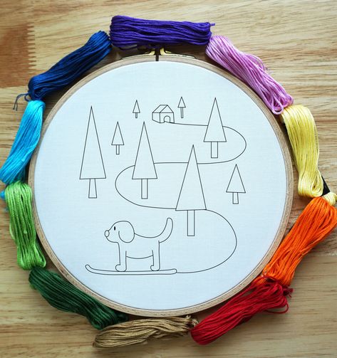 Dog on ski - hand embroidery pattern, animal Christmas hand embroidery PDF template, interior decor, baby room decor Animal Hand Embroidery, Ski Designs, Christmas Hand Embroidery, Embroidery Winter, Embroidery Modern, Art Sewing, Animal Christmas, Hand Embroidery Pattern, Pattern Animal