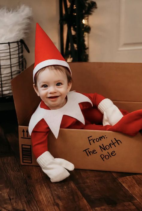 Elf Babies On The Shelf, Elf On The Shelf Baby, Elf On The Shelf Pictures, Baby Elf On The Shelf, Christmas Baby Pictures, Green Bridal Showers, Baby Elf, Cute Family Photos, Baby Christmas Photos