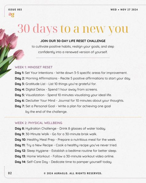 ✨ 30 Days to a New You ✨ Join our 30-Day Life Reset Challenge + unlock the best version of yourself, starting with mindset, physical wellbeing, emotional health, + productivity. sneak peek at what you’ll tackle each week : • wk 1 : Mindset Reset 🧠 • wk 2 : Physical Wellbeing 🏃‍♀️ • wk 3 : Emotional Wellbeing 💖 • wk 4 : Productivity + Goal Setting 📈 💬 Share your top priority for the challenge in the comments, and + save this post to track your progress! 💌 Comment “guide” to recieve our Bec... New Month Reset, Reset Challenge, Mindset Reset, Life Reset, Physical Wellbeing, Gratitude List, Declutter Your Mind, Digital Detox, Track Your Progress