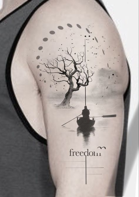 Man In Boat Tattoo, Freedom Tattoo Ideas Men, Symbol Of Freedom Tattoo Ideas, Boat Tattoo Men, Mens Tatoos Ideas Arm, Freedom Tattoo Men, Boat Tattoo Design, Freedom Tattoo Ideas, Tatto Clock