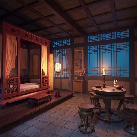 Ancient China Interior, Chinese Traditional Bedroom, Ancient Chinese Interior, Chinese Room Traditional, Ancient Chinese Bedroom, Chinese Bedroom Traditional, Traditional Chinese Room, Traditional Asian House, Ancient Chinese Room