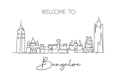 Single continuous line drawing Bangalore city skyline, India. Famous city scraper and landscape home decor wall art poster print. World travel concept. Modern one line draw design vector illustration Skyline Tattoo, Bangalore City, Bts Tattoos, Continuous Line Drawing, Continuous Line, World Travel, Design Vector, City Skyline, Wall Art Poster