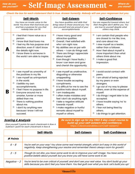 FREE PRINTABLE: Self-Image Assessment -- Do you see yourself as your loved ones do? Do you have a sense of your innate worth and value? Do you recognize your unique talents and abilities? Boost Your Self Esteem, Vision Board Book, Therapy Notes, Self Esteem Worksheets, Unique Talents, Values List, Self Value, Personality Assessment, Goals Template