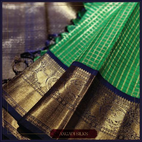 Desire a vintage design? This "Kottadi" Checks Kanjivaram Silk Sari from Angadi Silks, is a classic treasure for all Sari Lovers. #Angadisilks #Angadi #Thehouseofangadi #saree #bangalore #weddingcollection #bride #Bangalore #Handloom #Heritage #Saree #checks Vintage Pattu Saree, Angadi Silk Sarees, Checks Saree Silk, Pattu Sarees Wedding, Saree Colors, Kanjivaram Sarees Silk, Indian Bridal Sarees, Kanjivaram Saree, Silk Sarees With Price