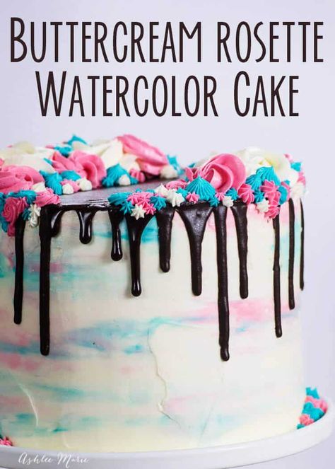 Pink Watercolor Cake, Watercolor Cake Tutorial, Pink And Blue Cake, Gender Reveal Cakes, Buttercream Rosettes, Teal Cake, Cookie Cake Pie, Cake With Buttercream, Cake Video