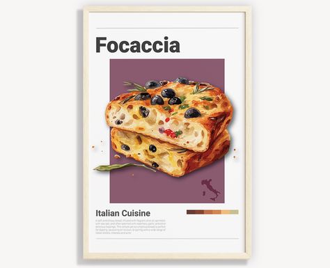 Minimalist Italian Style food poster Focaccia, pantone style, clean, simple illustration for bedroom, kitchen, living room decoration Focaccia Illustration, Italian Food Poster, Poster Art Illustration, Minimalist Food, Poster Minimalist, Prints Poster, Simple Illustration, Food Poster, Minimalist Wall