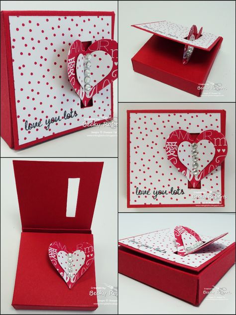 Ghirardelli Valentine Box \ Stamp Set: Sealed with Love; Cardstock: Real Red, Sending Love DSP; Accessories: Sweet & Sassy Framelits, Rhinestone Jewels | Cardstock is 7" x 3". Score at 1/2" on both short sides and at 2", 2-1/2",4-1/2" and 5" across the long side. | The rectangle opening in the top is hand cut with the paper trimmer. Valentine Card Ideas, Treat Containers, Candy Ideas, Valentine's Ideas, Paper Trimmer, Treat Holders, Sending Love, Treat Holder, Valentine Box