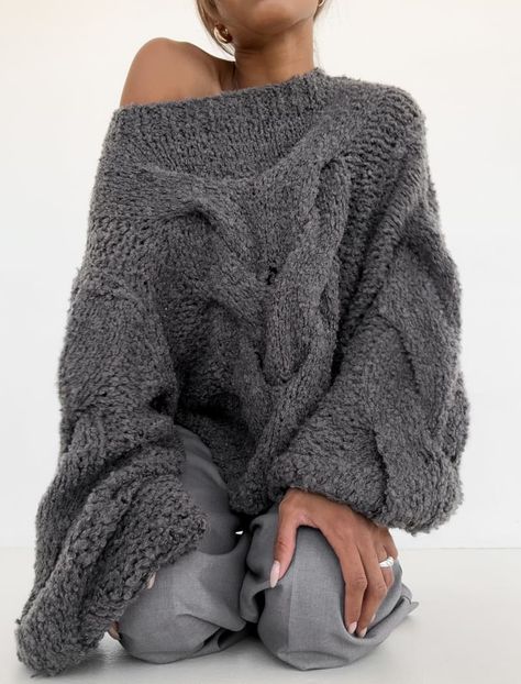 Nonna Sweater | Charcoal Simple Yet Stylish Outfits, Knitted Sweaters Oversized, Fluffy Turtleneck Sweater, Cozy Knitted Sweater, Chunky Off Shoulder Sweater, Off One Shoulder Sweater, Oversized Off Shoulder Sweater, Oversized Fall Sweater, All Grey Outfit