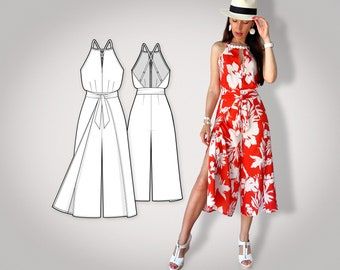 View sewing patterns by PrimaRimmaPatterns on Etsy Dress Sewing Patterns Free, Beach Jumpsuits, Pattern Outfits, Perfect Bridesmaid Dress, Maxi Dress Pattern, Wide Trousers, Couture Mode, Infinity Dress, Jumpsuit Pattern