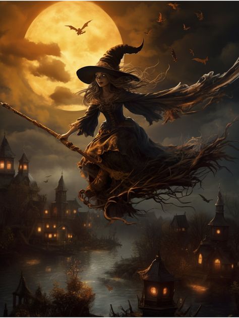 Old Salem style witch flying on broom over Old Salem.  This is a digital download. Witch Pictures Ideas, Gothic Witch Art, Witch Picture Ideas, Salem Style, Witch Castle, Witch Flying On Broom, Salem Art, Spooky Halloween Pictures, Witch On A Broom