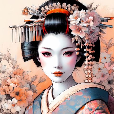 Geisha - Pastell Orange/Pink Drawing - A.D. Visual Geisha With Fan Drawing, Japanese Geisha Drawing, Geisha Drawing, Geisha Artwork, Pink Drawing, Christ The Redeemer Statue, Styled Hair, Fan Drawing, Reflection Art