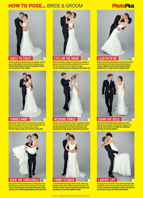 Free wedding poses cheat sheet: 9 classic pictures of the bride and groom | Digital Camera World: Best Bride And Groom Photos, Bride And Groom Posing Ideas, Wedding Photo Posing Tips, Basic Wedding Poses, Weeding Pose For Bride And Groom, Wedding Pose Guide, Posing For Wedding Pictures, Wedding Posing Guide, Basic Wedding Photos