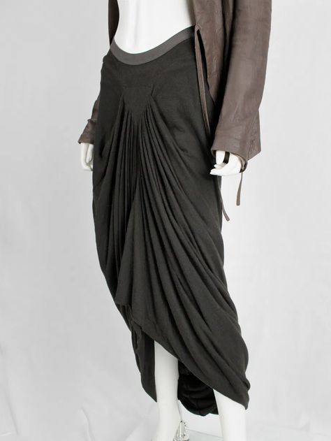 Rick Owens lilies brown skirt with pleated front and back cowl drape (sample) | V A N II T A S Sustainable Fashion Designers, Dirndl Skirt, Rick Owens Lilies, French Vogue, Brown Skirt, Brown Skirts, Curated Vintage, Vintage Designer, Fashion History