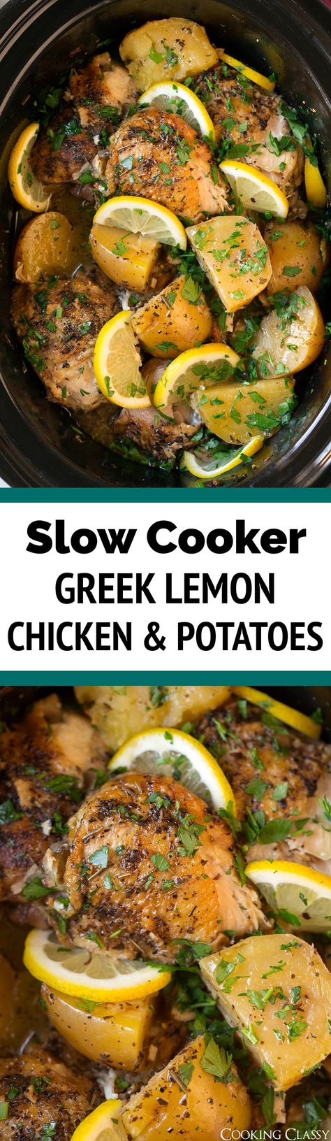 Slow Cooker Greek Lemon Chicken and Potatoes - such a delicious bright flavor and it's oh so tender. A perfect meal for busy weekdays! Greek Lemon Chicken And Potatoes, Crockpot Cauliflower, Lemon Chicken And Potatoes, Slow Cooker Lemon Chicken, Greek Chicken And Potatoes, Easy Weekday Meals, Chicken And Potatoes, Greek Lemon Chicken, Paleo Crockpot