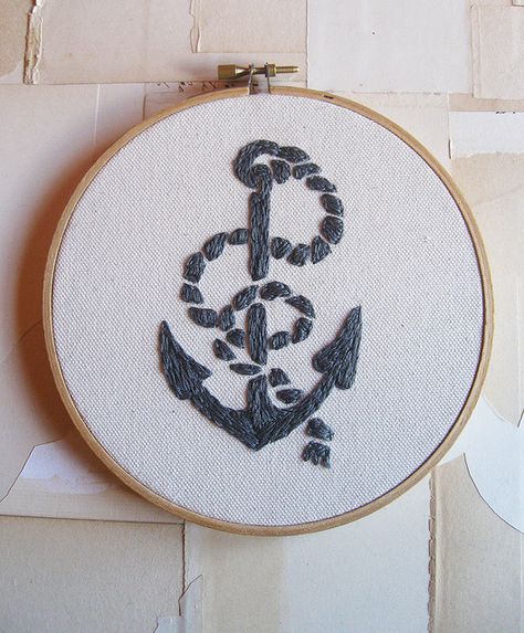 anchor embroidery by valerieroybal, via Flickr Nautical Embroidery, Anchor Embroidery, E Craft, Hoop Projects, Budget Home Decorating, In Memoriam, Hand Embroidery Art, Natural Home Decor, Boho Diy